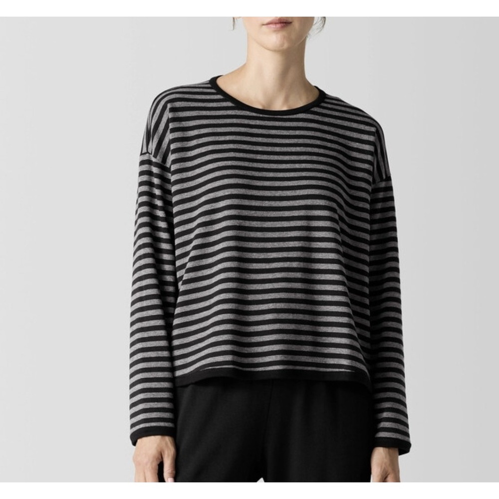 Eileen Fisher Large Gray Black Cozy Striped Terry Brushed Top Long Sleeve Lagenl